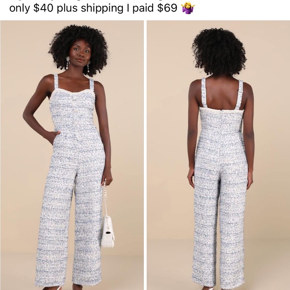 Lulu's Elegant White and Blue Textured Jumpsuit